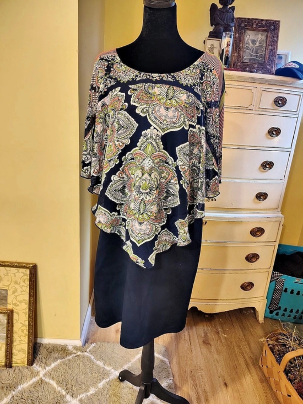 Vintage Enfocus Women Paisley Overlay Dress in Black & Green Size 14W